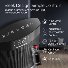 Lasko Ellipse Ceramic Tabletop Heater for Home with Tip-Over Switch, Child Lock, Digital Display, Thermostat, AutoECO Mode, Wide Oscillation, Remote, For Bedroom, Office, Den, 1500W, Black, CD12950