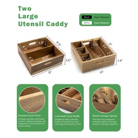 Acacia Wood Utensil Holder for Party -Nested Set of 2(Large 11" x 9.5" Plate Holder & Small 10" x 9" Utensil Caddy) Silverware Caddy for Countertop - Holds Plates, Napkins, Cups, Spoons, Forks