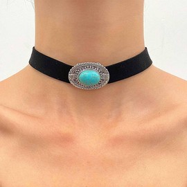 Xmsrn Vintage Black Wide Leather Choker Necklace Oval Turquoise Choker Necklace Short Suede Velvet Necklace Boho Turquoise Necklace for Women