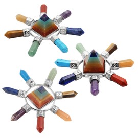 KYEYGWO 7 Chakras Reiki Healing Crystal Pyramid with 7 Chakras Crystal Dot, Energy Pyramid Hexagonal Quartz Crystal Pyramid Healing Stone Ornament for Home Decor, Chakra Balancing and Meditation