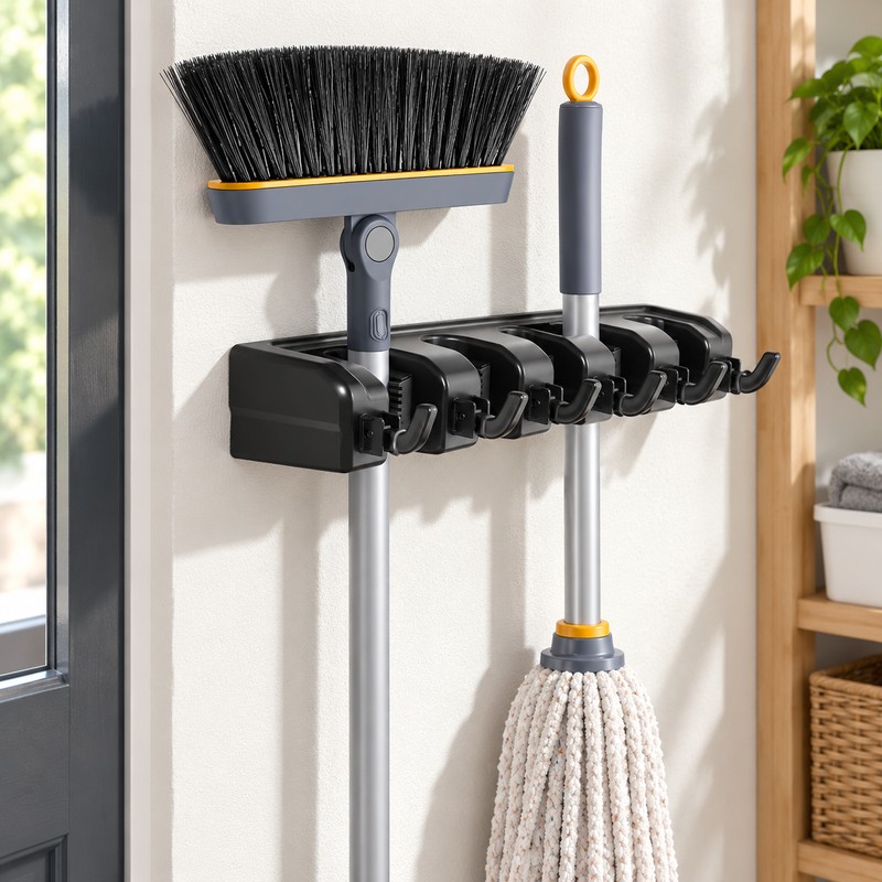 Wall Mounted Mop Holder - Multi-Functional Broom Hanger Shelf Home