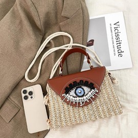 Handmade Bohemian Style Straw Handbag with Evil Eye Embellishment, Novelty Funny Crystal Decor Box Crossbody Bag Tote Clutch (Brown)