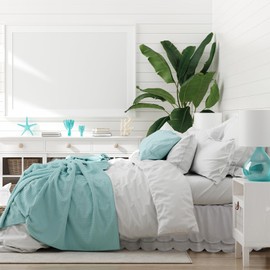 SmoothNovelty Coastal Scallop Edge King Bed Skirt Easy Fit Elastic Band Tailored Pleated 14.5 Inch Drop Anti-Slip King Size Dust Ruffle Bed Skirt Wrap Around for Enhanced Privacy Home Decor