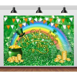 CORFOTO 9x6ft Fabric Happy St. Patrick's Day Backdrop Lucky Irish Green Shamrock Photo Background Saint Patrick's Day Birthday Baby Shower Party Decorations Photo Booth Prop