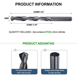 METALLIXITY Drill Bit (9mm) 6Pcs, 4241 High-Speed Steel Straight Shank Nitriding Black 118° for Wood Plastic Iron Copper Aluminum Low Soft Metal