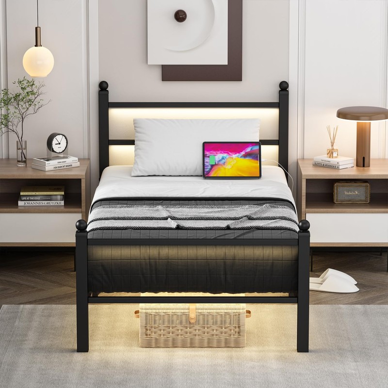 Twin Bed Frames With Charging Station & LED Lights, Metal