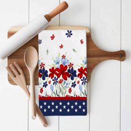 Zadaling 4th of July Kitchen Towels, Stars Red Blue 18x28 Inch Soft Kitchen Dish Cloth, Poppy Flower Home Decor Cotton Linen Tea Towels/Bar Towels/Hand Towels 2 PCS