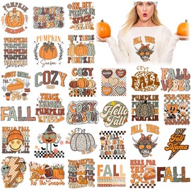 TecUnite 30 Pcs Fall Iron On Transfer Patches Western Fall Iron On Vinyl Decals for Jeans Autumn Thanksgiving Day DTF Heat Transfer Vinyl Sticker DIY Iron On Appliques for Clothing T Shirt Pillow Hat