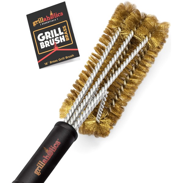 Grillaholics Essentials Brass Grill Brush - Softer Brass Bristle Wire Grill Brush for Safely Cleaning Porcelain and Ceramic Grates - Lifetime Manufacturer's Warranty