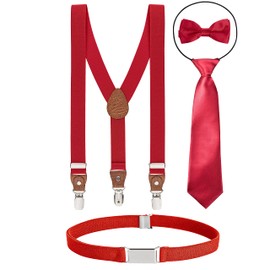 BomGuard Set of 4 1.5-8 Years, Children's Braces 2.5 cm Wide + Bow Tie, Tie, Belt for Boys and Girls, darkred