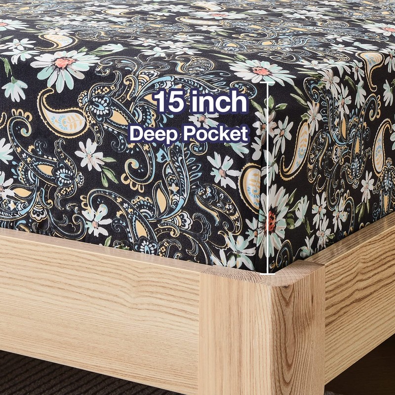 JSD Black Paisley Floral Printed Sheet Set King Size 6