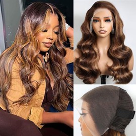 Lemoda Full 13x6 Highlight Body Wave Lace Frontal Human Hair Wigs 250% Density Medium-length Ombre P4/27 Piano Color Bob Wigs 12A HD Transparent Lace Wig For Women Pre Plucked Natural Hairline 14Inch