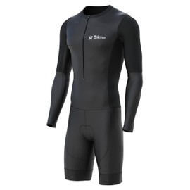 Sikma Men’s Full Sleeve Skinsuit Breathable Mesh Triathlon Padded with Hi Viz Reflection and Power Band Leg Grippers Trisuit (Medium, Black, One Size)