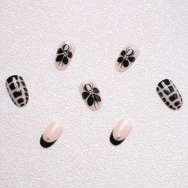 MISUD Press on Nails Short Oval Fake Nails Glossy Glue on Nails Black French Tip Acrylic Nail Supplies Round Artificial Nails Flower Crocodile Stick on False Nails Art with Design DIY 24 pcs