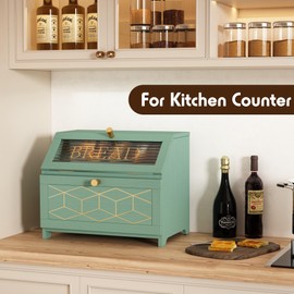 HOLTICO Double Layer Bread Box with Golden Trim for Kitchen Countertop, Wooden Bread Container for Kitchen Counter, Corner Bread Storage for Homemade Bread Green