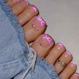 Pink Tip Toe Nail Press ons Gradient Fake Toe Nails with 3D Star Pearl Designs 24 Pcs Natural Reusable Acrylic Glue on Toe Nails for Women WYFHDT Press on Toe Nails