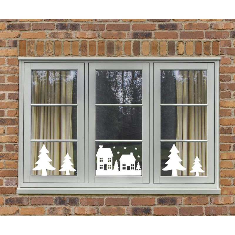 Large Pack Christmas Houses Trees Silhouettes, Window dressing Sticker, Spread