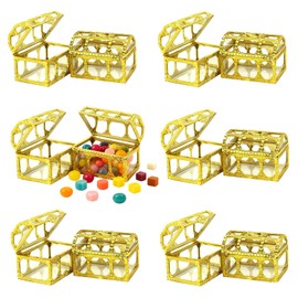 HAN SHENG 12 Pack Plastic Treasure Chest Candy Boxes - 2.9"x2.0" Transparent Empty Gift Favor Boxes for Wedding, Christmas, Birthday Party (Gold)