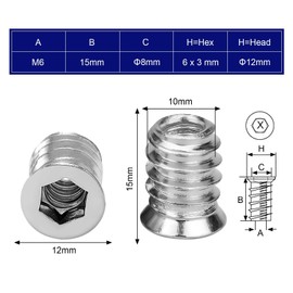 ZITFRI 100 x Screw-in Nuts M6 Screw-In Sleeves M6 x 15 mm Screw-in Nut with Cover Edge Threaded Insert Hex Hex Nuts Made of Galvanised Steel