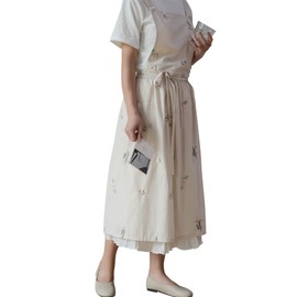 FADUOFA Japanese Cotton Linen Cross Back Apron for Women with Pockets,Fashion Pinafore Dress with Waist Ties…
