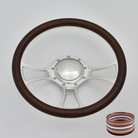 Flashpower 14'' Billet Half Wrap 9 Bolts Steering Wheel with 2'' Dish and Horn Button(Walnut Wood)