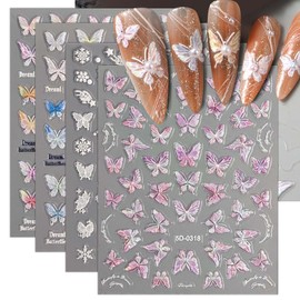 4 Sheets 5D Embossed Butterfly Nail Stickers Shell Light Butterfly Nail Art Spring Nail Decals Cute Stickers for Nails Self Adhesive Nail Art Supplies & Decorations for Women Girls