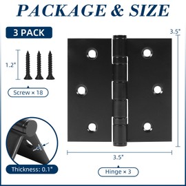 3 Pack 3.5 Inch x 3.5 Inch Door Hinges with Square Corners, Heavy Duty Ball Bearing Door Hinges with Non Removable Pin, Stainless Steel Hinges for Left and Right Hand Doors (Matte Black)