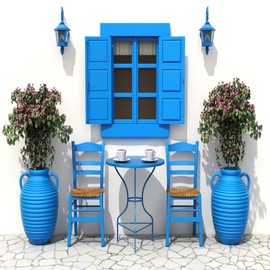 Travel Decor Throw Pillow Cushion Cover by, Traditional Greek Design Holiday Summer House Flowers Window Image, Decorative Square Accent Pillow Case, 18 X 18 Inches, Navy Blue and White