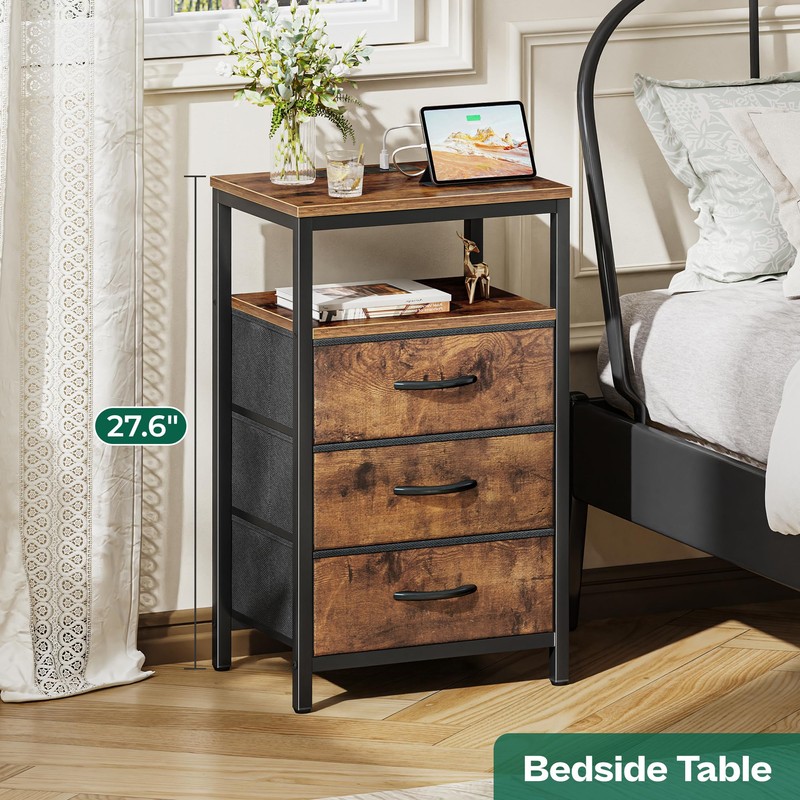 Huuger Nightstand with Charging Station, 27.6 Inch Bedside Table with
