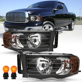 TUSDAR Headlight Assembly Set for 02-05 Dodge Ram 1500/03-05 Ram 2500 3500 Pickup Replacement Halogen Headlamp Black Housing with Amber Reflector