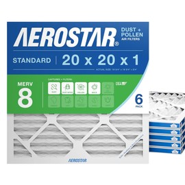 Aerostar 20x20x1 MERV 8 Air Filter, 6 Count, ACTUAL SIZE (19.75 x 19.75 x 0.75), HVAC, Air Conditioning & Furnace Filter Captures Dust, Lint & Pollen (MPR 600 / FPR 5), Made in USA