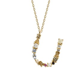 925 Sterling Silver Initial Necklace, 18K A-Z Gold Bath and Stones, Women's Letter Pendant. Initial Name Collar, Lead, Diamond, ruby, sapphire