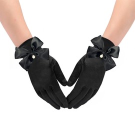 MANJIAMEI Women Short Satin Gloves - Classic Black for Bridal, Wedding, Vintage Party, Opera - Ladies Elegant 1920s Costume Accessories