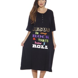 Just Love Short Sleeve Nightgown Jesus is My Rock, Black, 2X Plus