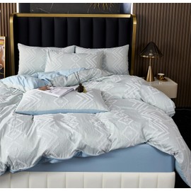 Boho Tufted Duvet Cover Set Full Queen Dusty Blue, Shabby Chic Diamond Rhombus Geometric Chevron Linen Textured Bedding Duvet Cover Set 90x90 Soft Microfiber Farmhouse Comforter Cover with Pillowcase