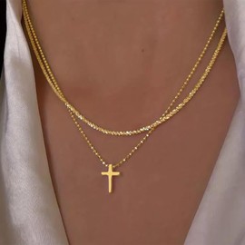 TseenYi Layered Cross Twist Chain Necklace Gold Glitter Gypsophila Chain Necklace Small Cross Pendant Choker - Super Sparkly Glitter Chains - Crucifix Pendant Necklaces