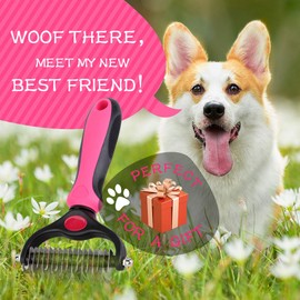 UPSCOOL Dematting Comb with 2 Sided Undercoat Rake for Cats & Dogs,Dematting Tool Gently Removes Loose Undercoat, Mats,Tangles and Knots,No More Nasty Shedding and Flying Hair (Pink)