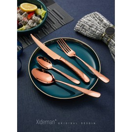 Xideman 16-Piece ​Modern Copper Hammered Silverware Set with Ultra Sharp 2-IN-1 Serrated Knife, Rose Gold 18/10 Stainless Steel Flatware Set, Utensil Cutlery Set for 4 Person, Forks Spoons Knives Set