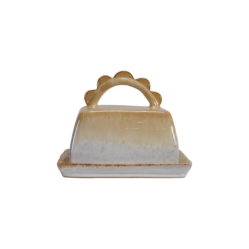Bloomingville Stoneware Butter Dish with Scalloped Handle, Caramel