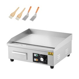 Stainless Steel Electric Griddle, 18 in Commercial Flat Top Grill, 1600W Non-Stick Teppanyaki Griddle with 2 Shovels & 2 Brushes, 122-572°F Adjustable Temperature for Kitchen, BBQ