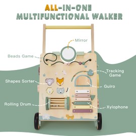 PTINFLUCE Wooden Baby Walker, Baby Push Walker for Girls and Boys, Montessori Toy, Learning to Walk with Activity Center, Push and Pull Toys with Wheel Adjustable Speed