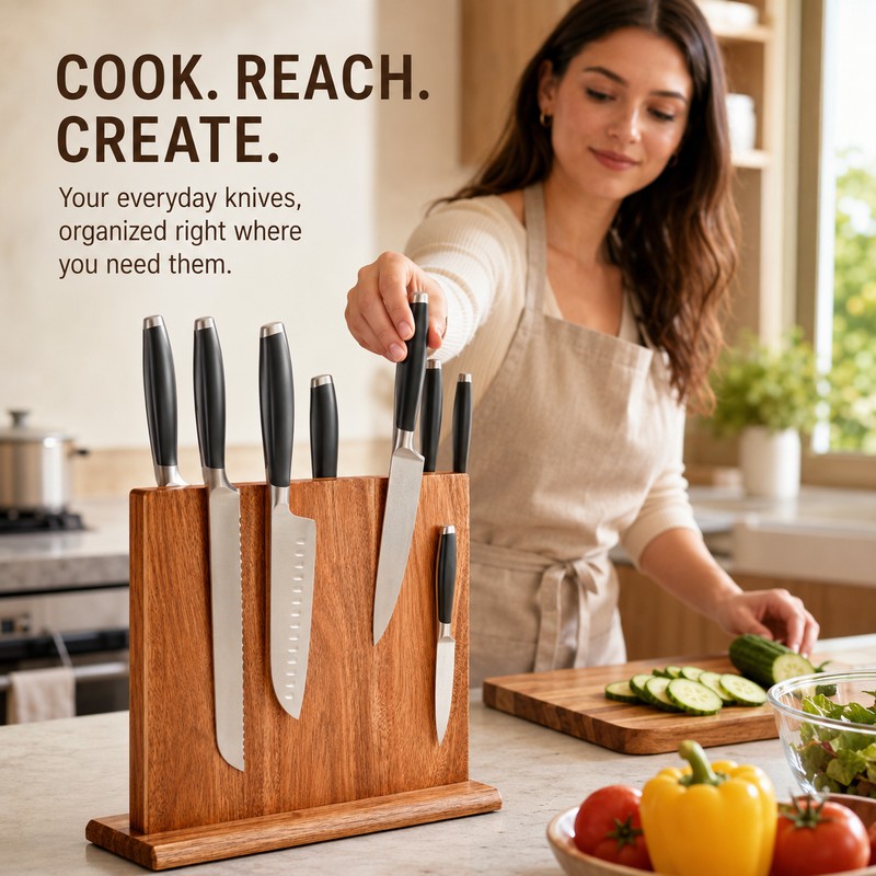 Acacia Wood Magnetic Knife Holder Stand for Kitchen Countertop