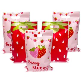50Pcs Strawberry Party Favor Bags with Handles - 9.8×6.2 Inch Double Sided Printed Plastic Goodie Treat Candy Bags for Kids Girls Birthday, Baby Shower & Wedding | Cute Strawberry Shortcake Party Supplies