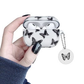 CameCosy Compatible for AirPods Pro (2019) Case for Women, Clear Black Butterfly Shockproof Soft TPU Protective Case Cover for AirPods Pro with Cute Keychain