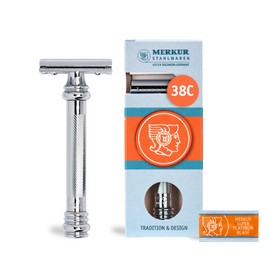 MERKUR Safety Razor 38C | Barber Pole Gloss Chrome | Two Piece Razor with Straight Cut | Closed Comb | Ideal for Wet Shaving | Die-Cast Zinc | Brass Handle | Made in Germany