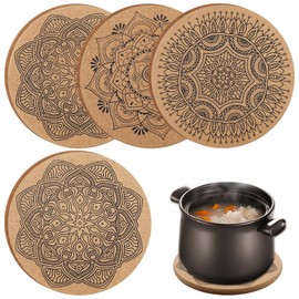 Pack of 4 Cork Trivets, 19 cm Diameter, Round Cork Coasters, Round Coasters, Heat Resistant Coasters, Non-Slip Pot Table Protector Mat for Pots, Glasses, Bowls, Vases