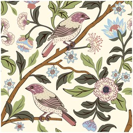 HAOKHOME Vintage Floral Birds Peel and Stick Wallpaper Green/Pink/Sky Blue Forest Self Adhesive Contact Paper for Home Bedroom Kitchen Decor 17.3in x 118in