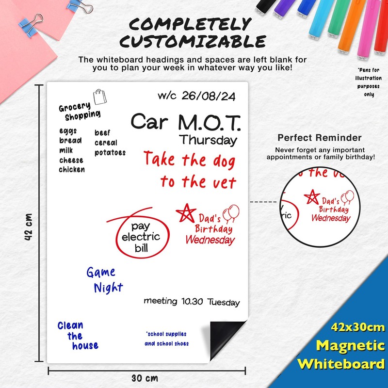 Magnetic Blank Fridge Whiteboard: 42x30cm with 4 Colourful Erasable Pens