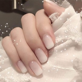Bomine Press on Nails White Ombre Fake Nails Short Square Glossy False Nails Acrylic Full Cover Nails Tips for Women and Girls 24Pcs (Ombre White)