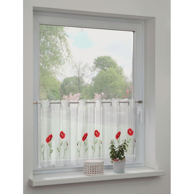 Sehlbach Bistro Curtain, Voile Embroidery, Poppy, White, 155 x 45